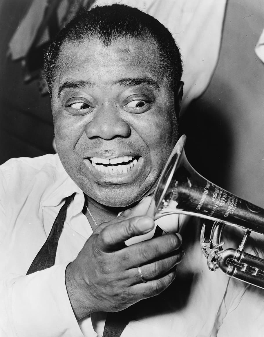 grayscale photography, man, holding, wind instrument, louis armstrong, jazz trumpeter, singer, new orleans, satchmo, pop
