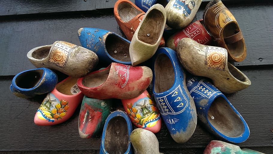 clogs, shoes, holland, dutch, wooden shoes, shoe, variation, high angle view, choice, still life