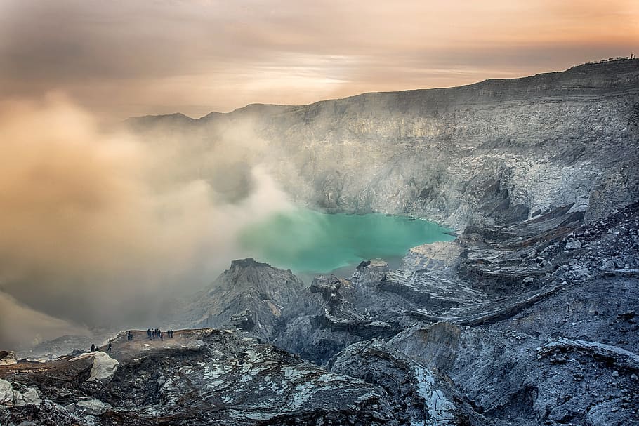 landmark photography, body, water, surrounded, gray, cliff, volcano, geography, views, indonesian