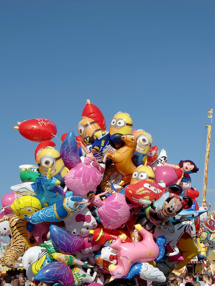 globos, colorido, mercado anual, feria, color, hinchazón, knallbunt, cielo, cielo despejado, representación