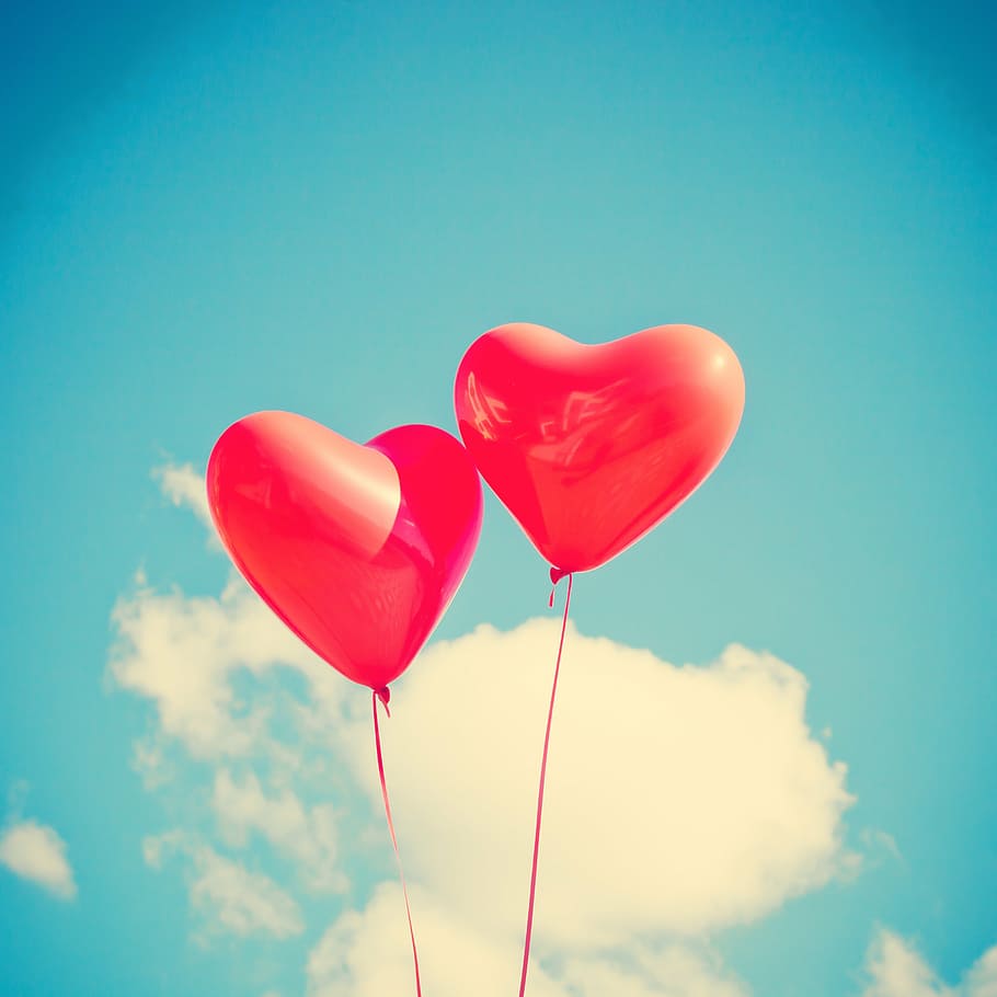 2つ, 赤, ハートの風船, バルーン, ハート, 愛, ロマンチック, 幸せ, カード, バレンタイン