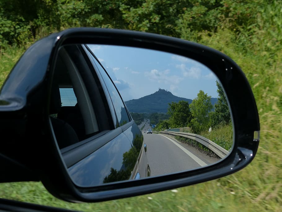 black, vehicle side mirror, reflection, trees, rear mirror, mirrors, auto, vehicle, road, highway