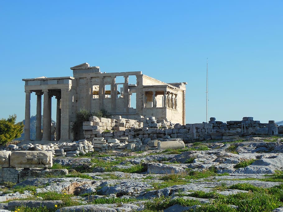 Erección, Acrópolis, Atenas, arquitectura, al aire libre, día, cielo, exterior del edificio, antigua ruina, estructura construida