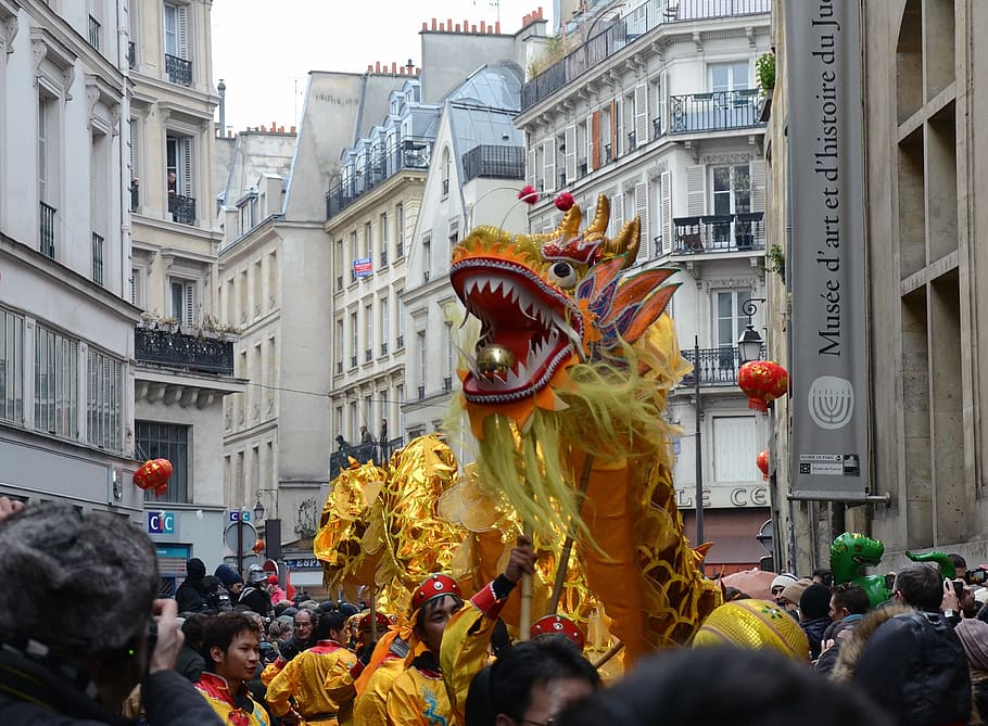 dragon dance, middle, high-rise, buildings, paris, france, chinese new year, people, celebration, festive