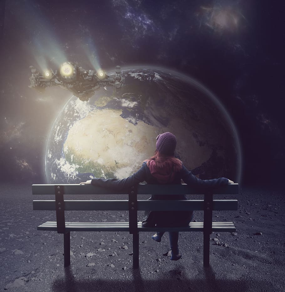 fantasy, moon, planet, woman, surreal, one person, full length, real people, sitting, leisure activity