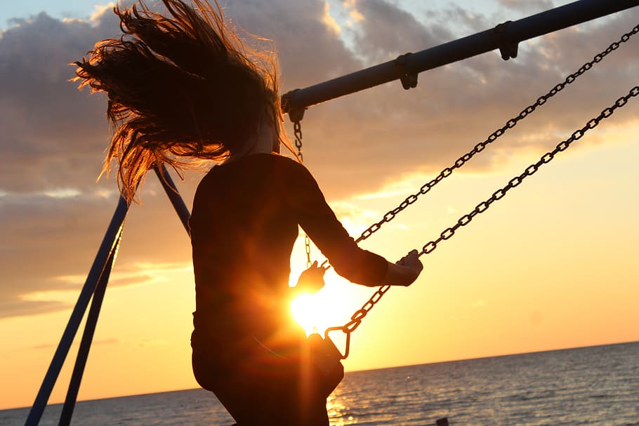 sunlight, sunset, girl, hair, people, wind, seesaw, play, relax, beach