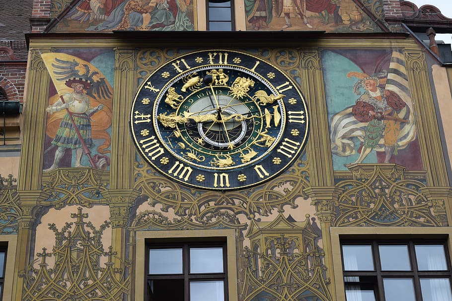 germany, building, clock, decoration, mural, architecture, time, low angle view, clock tower, building exterior