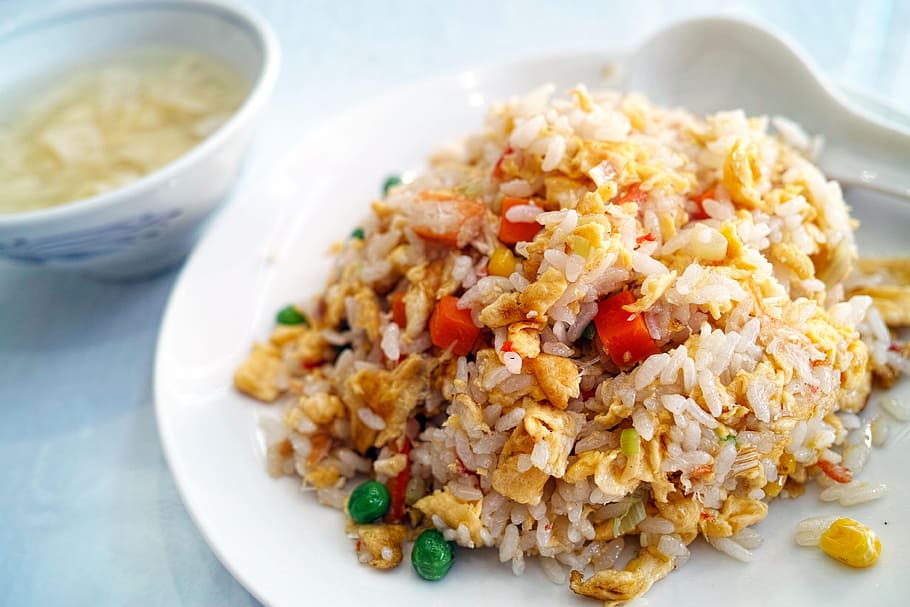 fried, rice, mixed, vegetables, white, ceramic, plate, restaurant, chinese cuisine, fried rice