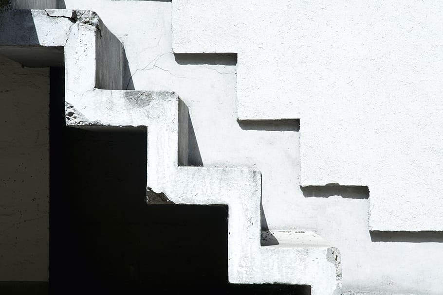white concrete staircase, stairs, home, black and white, contrast, white, plaster, building, architecture, graphically