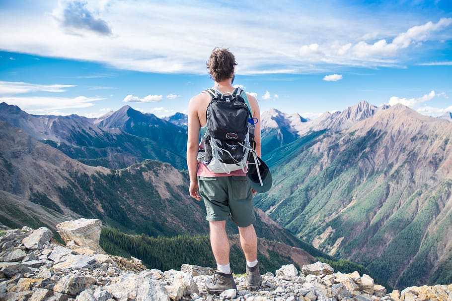man, standing, top, mountains, day time, adventure, altitude, backpack, climb, exploration