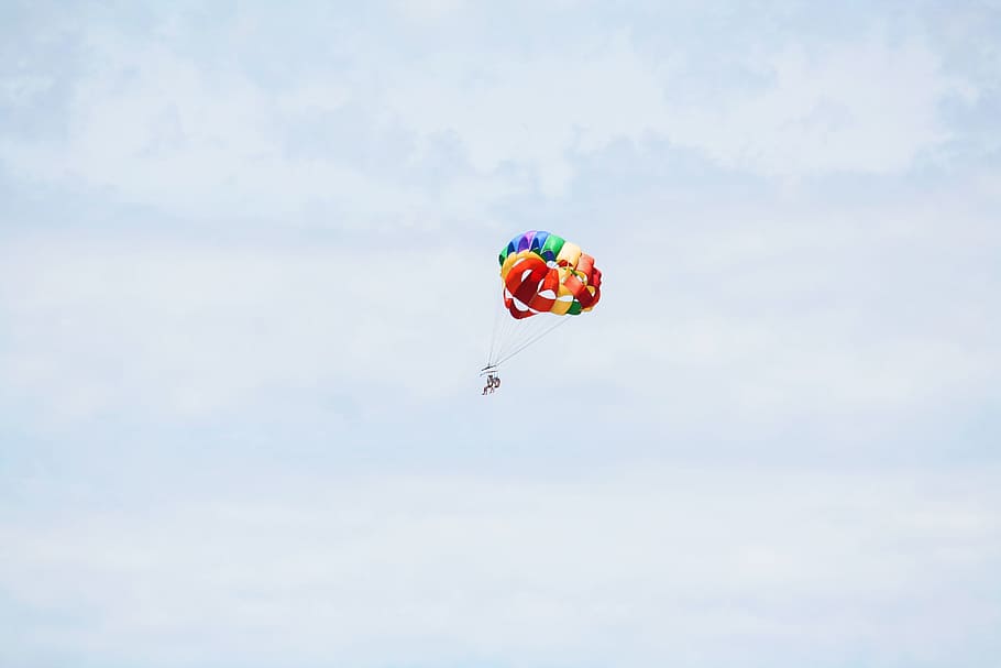 colorful, parachute, blue, sky, clouds, people, fly, parasailing, flying, multi colored