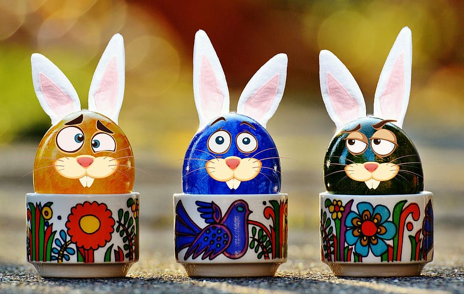 three, assorted-color rabbit, ceramic, figurines, easter, easter eggs, funny, hare, rabbit ears, ears