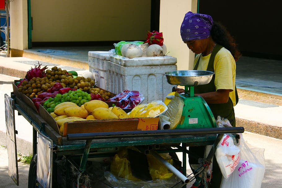frutas variadas, verde, carro, mujer, puesto de comida, frutas, tailandia, mercado, comida, puesto
