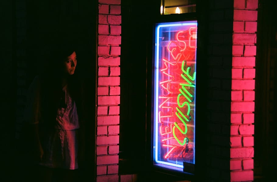 woman, staring, neon signage, shadow, looking, neon sign, restaurant, colorful, night, portrait