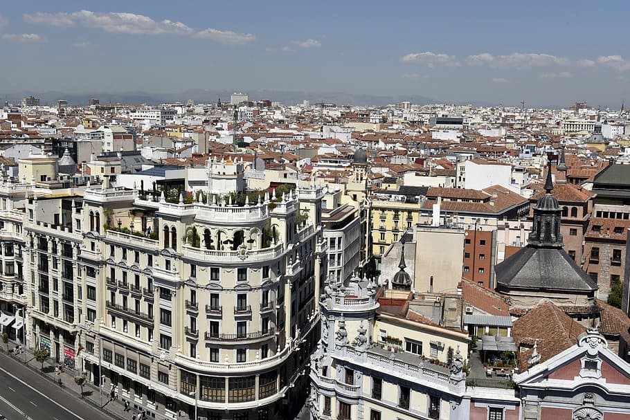 city of madrid, aerial view, area of the gran via, building exterior, architecture, built structure, city, building, residential district, cityscape