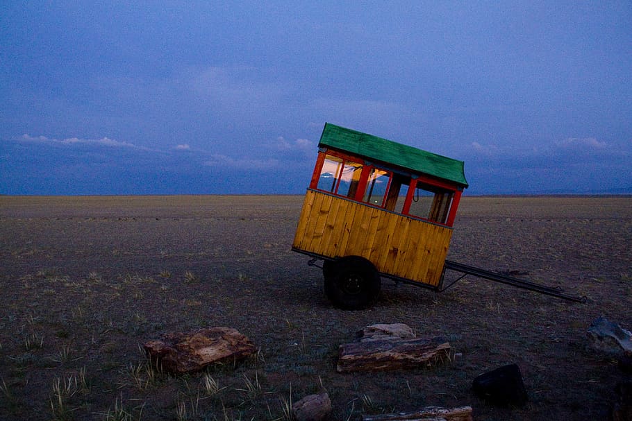 pôr do sol, caravana, trailer, paisagem, viagem, Mongólia, deserto, céu, seco, turismo