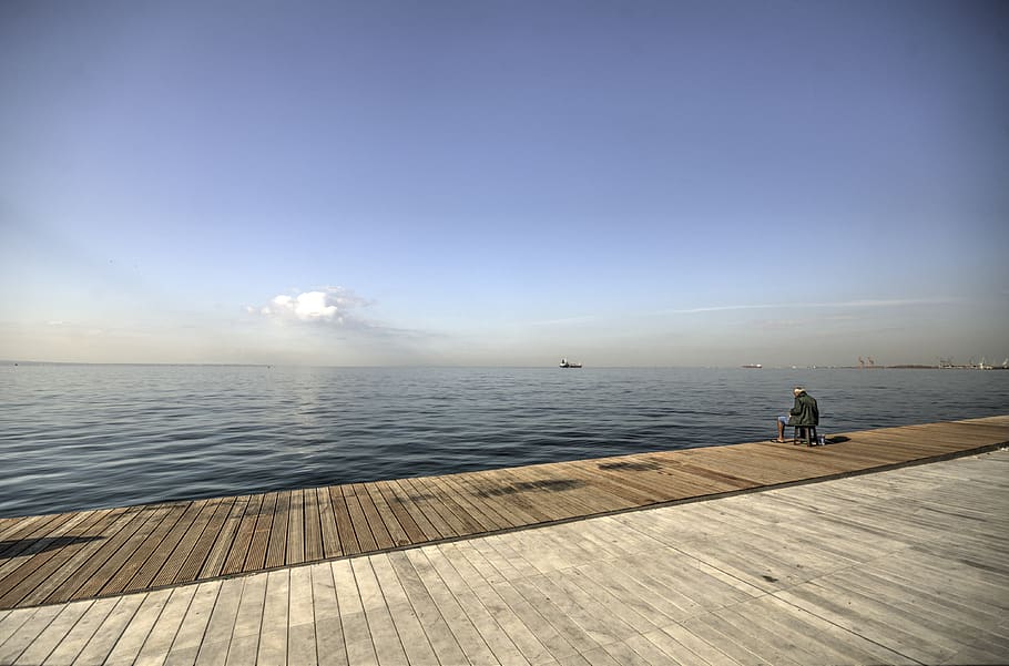 fisherman, fishing, boardwalk, wood, dock, water, lake, sea, sky, nature