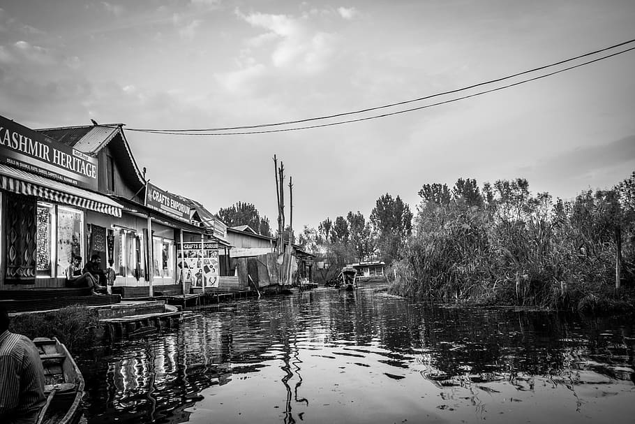 scene, water, dal lake, wallpaper, black and white, kashmir, evening, shikara, house boats, floating houses