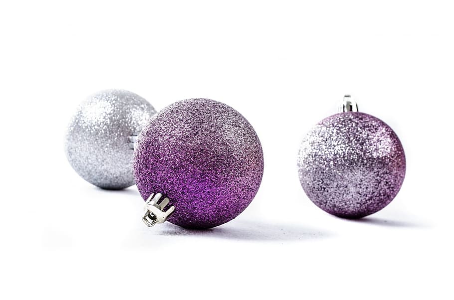 two, purple, one, silver baubles, white, background, decoration, silver, christmas time, christmas baubel
