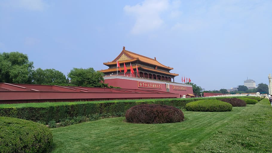 北京, 天安門広場, 緑, 歴史, 空, 旅行, 旅行先, 建築, 日, 植物