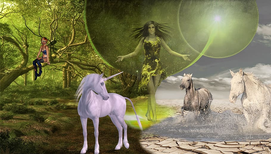 fairy, standing, unicorn, two, running, horses, digital, wallpaper, fantasy, elf