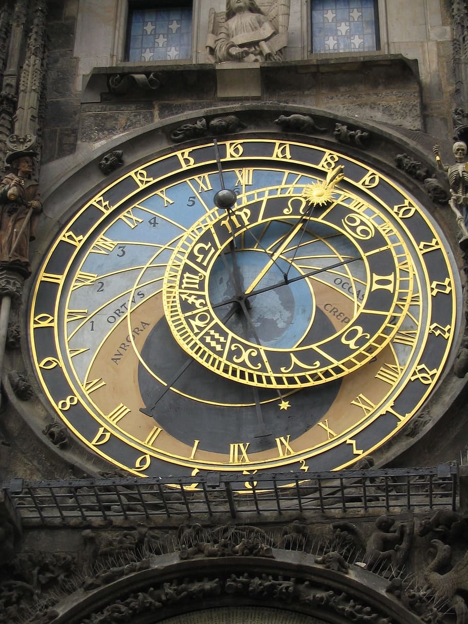 time, clock, sundial, dial, astrology, prague, czech, old, town, square