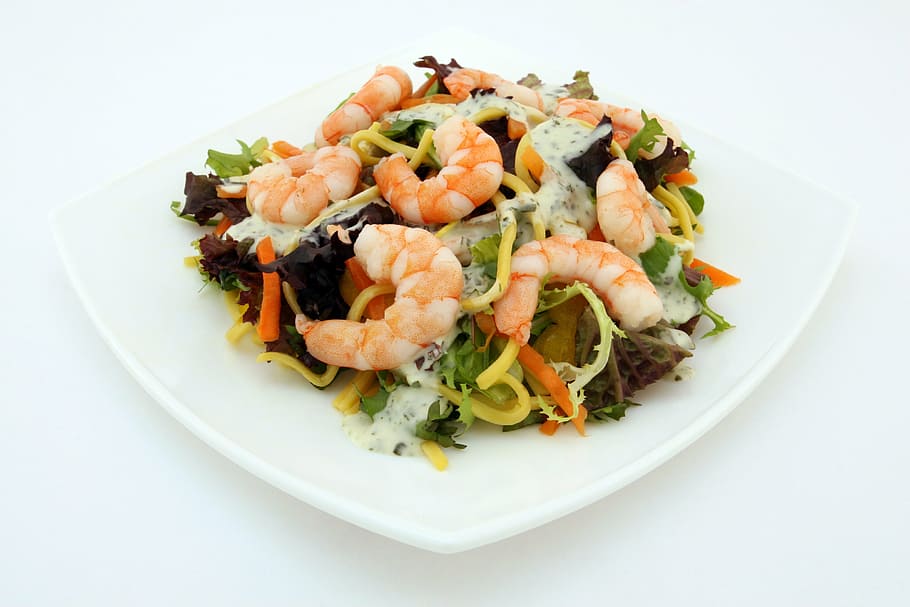 vegetable, shrimp, serving, white, ceramic, plate, appetite, asian, calories, catering