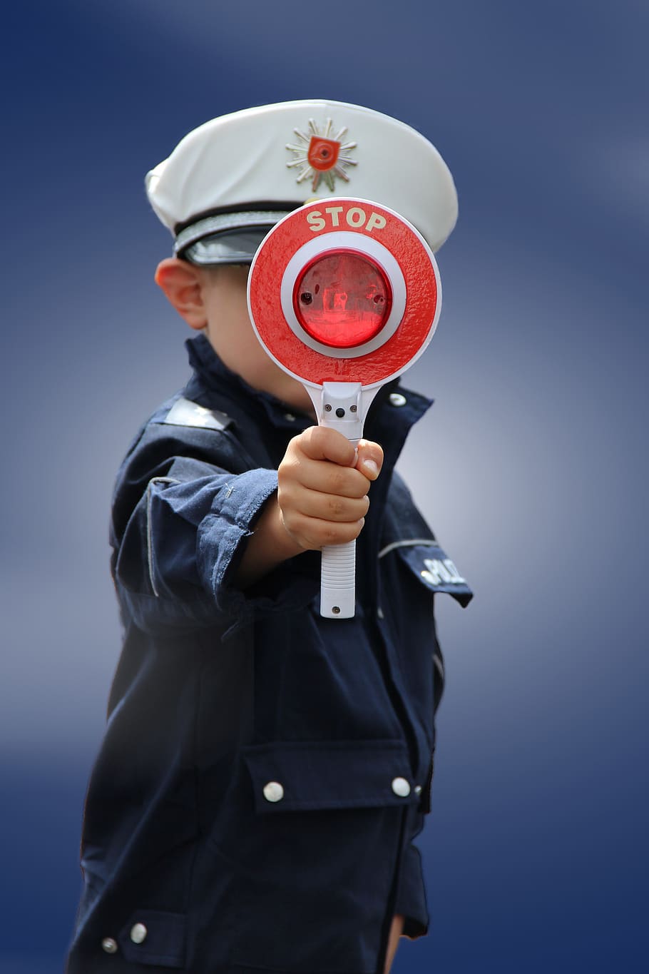 police, trowel, stop, boy, panel, child, funny, cap, warning, shield