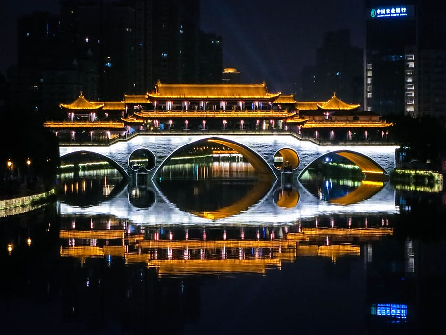 Ponte Anshun, Chengdu, China, arquitetura, água, noite, escuro, iluminado, reflexão, exterior do edifício