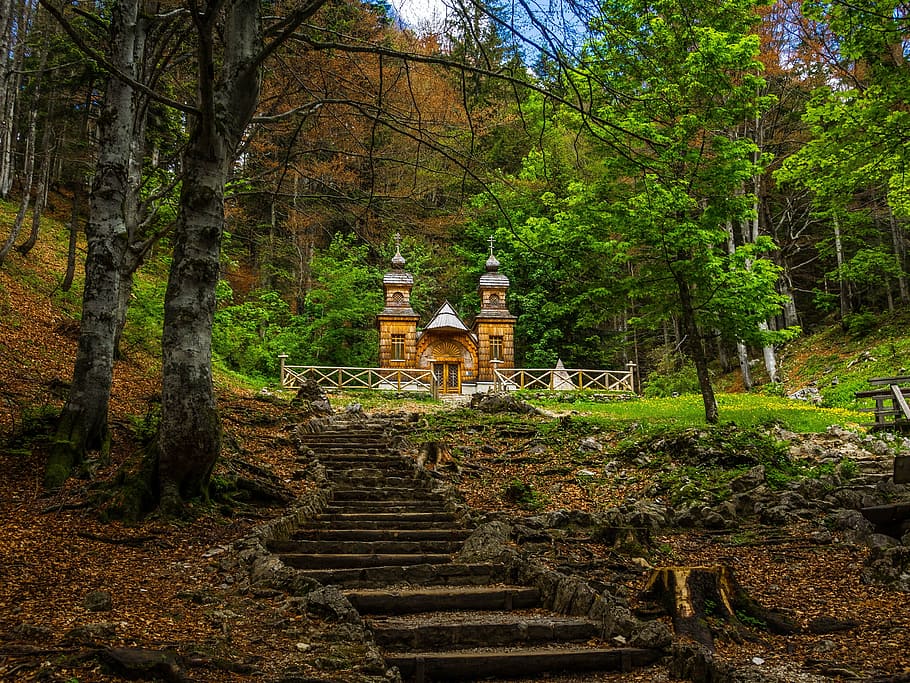 landscape photography, brown, wooden, house, russian chapel, vrsic pass, slovenia, triglav national park, chapel, church