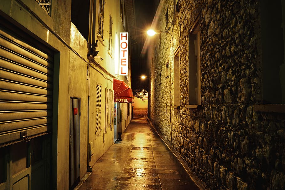 architecture, building, infrastructure, signage, hotel, alley, light, wall, night, illuminated
