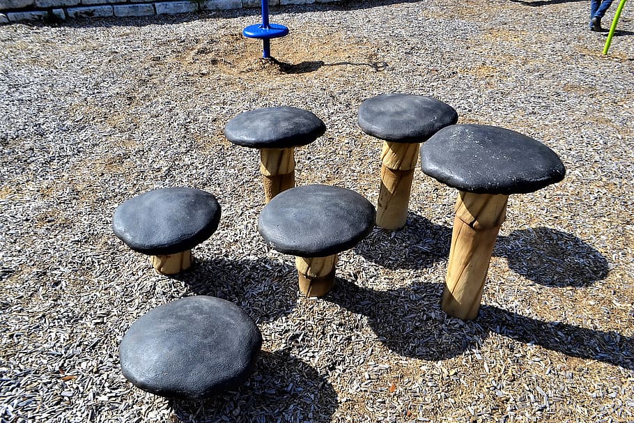 mushroom seats, mushrooms, park, children, playground, seat, chair, outdoor, wooden, brown