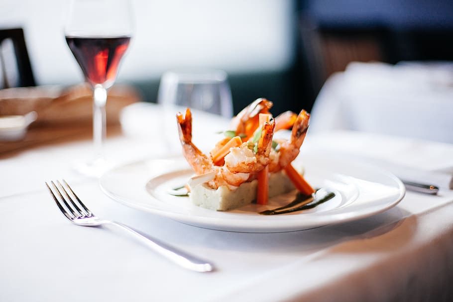 prawn shrimps, plate, fork, prawn, shrimps, seafood, prawns, food, shrimp, gourmet