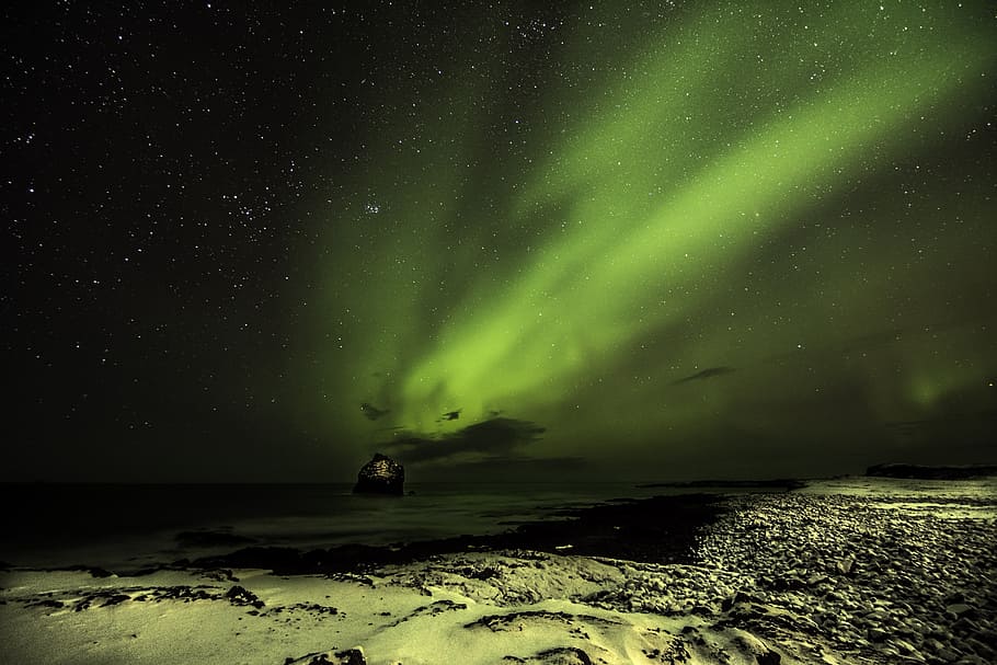 Reykjanes, Geopark, Aurora, low-angle, light, night, beauty in nature, scenics - nature, sky, water