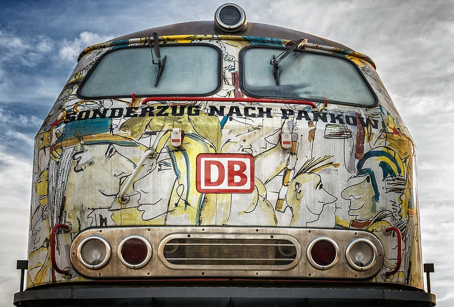 fotografia, cinza, multicolorido, vista frontal da van, loco, locomotiva, ferrovia, historicamente, diesel, frente