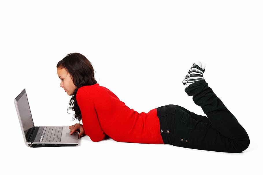 woman, laying, front, laptop computer, browsing, computer, female, floor, girl, internet