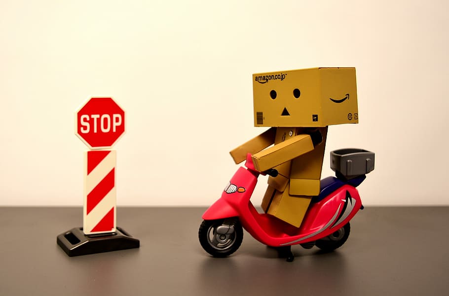 box man, riding, motor scooter, stop, road sign toy, danbo, figure, roller, stop sign, toys