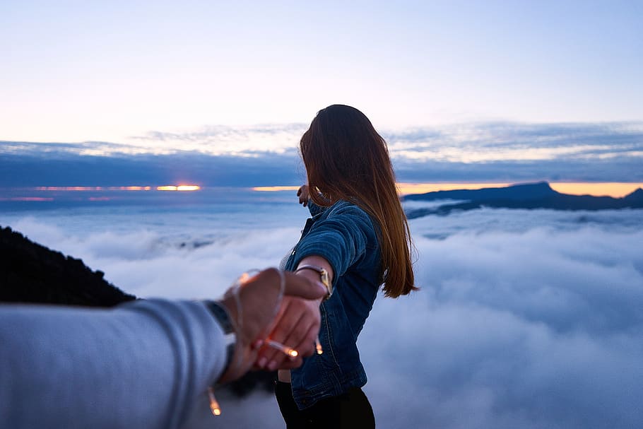 clouds, sky, mountain, people, woman, holding hands, guy, nature, dating, travel