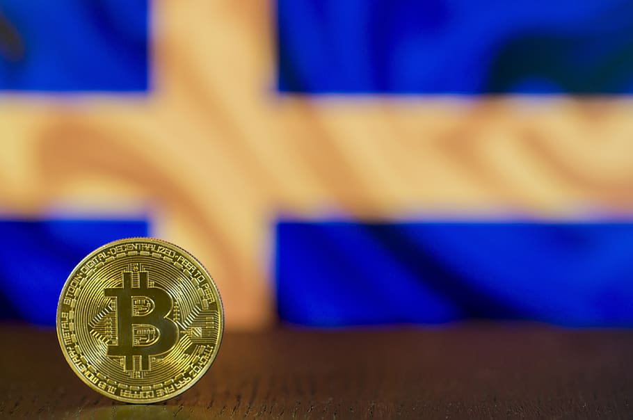 bendera, bitcoin, btc, blockchain, uang, kas, investasi, maya, keemasan, Swedia