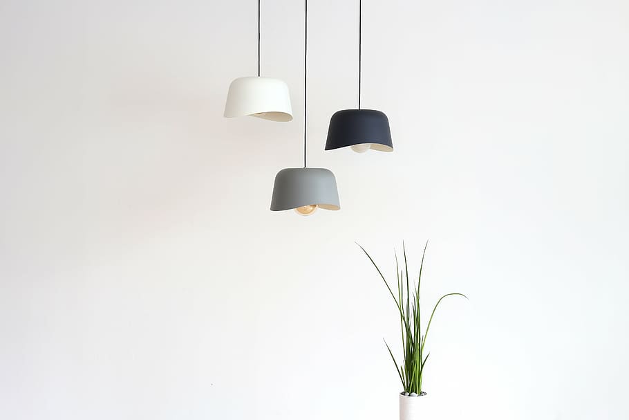 three, white, black, gray, pendant ceiling lamps, green, leaf plant, pendant light, pendant lighting, pado