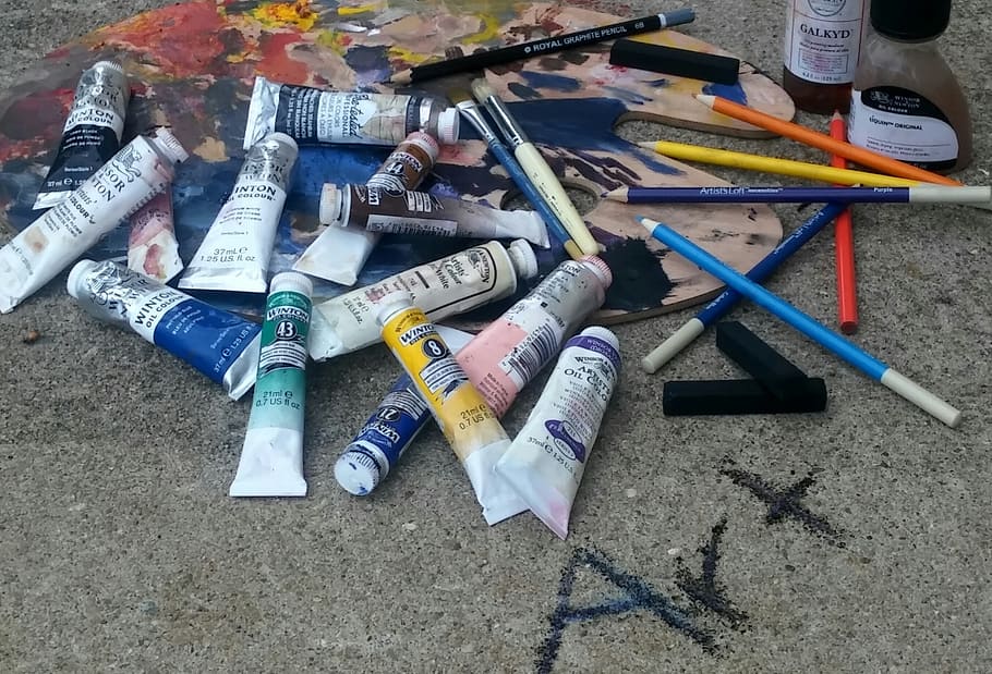 art, oil paint, charcoal sticks, colored pencils, art mediums, rainbow, colorful, pallet, used, oil painting mediums