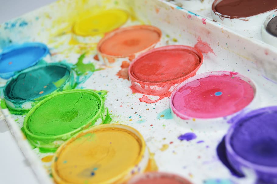 water paint palette, painting, colors, colorful, brush, watercolor, water, art, artistic, school