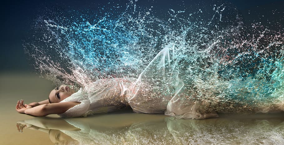 woman, lying, floor, water effect painting, desktop background, water, bride, spetsen, color, fantasy