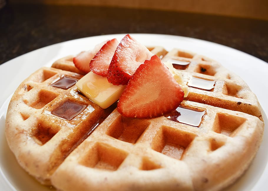 plate, belgian waffle, waffle, waffles, strawberry, strawberries, butter, diet, health, healthy