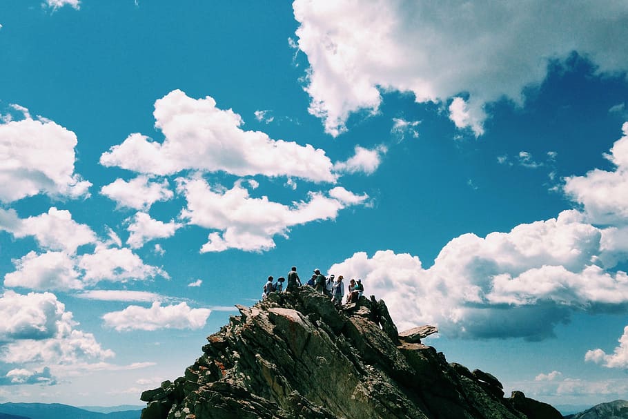 people, standing, mountain cliff, cloudy, sky, hilltop, mountain top, top, hill, mountain