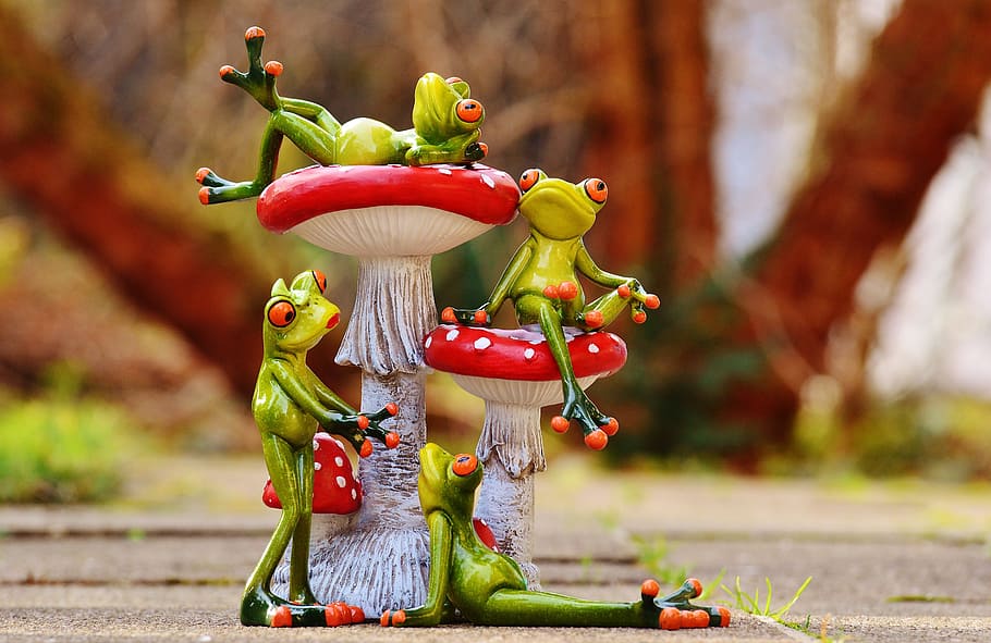 Frogs, Mushrooms, Figures, Cute, funny, animals, sweet, fly agaric, group, food and drink