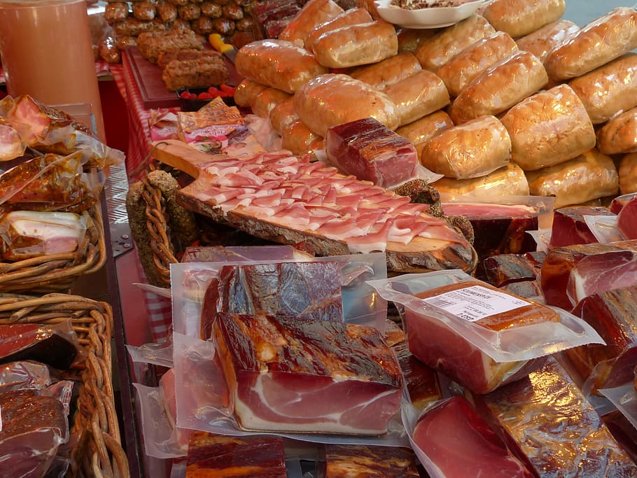 variety of bread, ham, sausage, sale, stand, meat, market, meat market, delicious, food