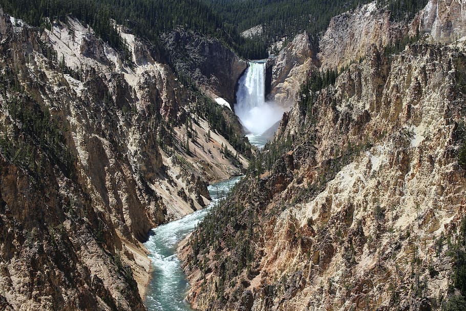 brown, mountain range, waterfall, surrounded, forest, Yellowstone, National Park, Grand Canyon, yellowstone, national park, waterfalls