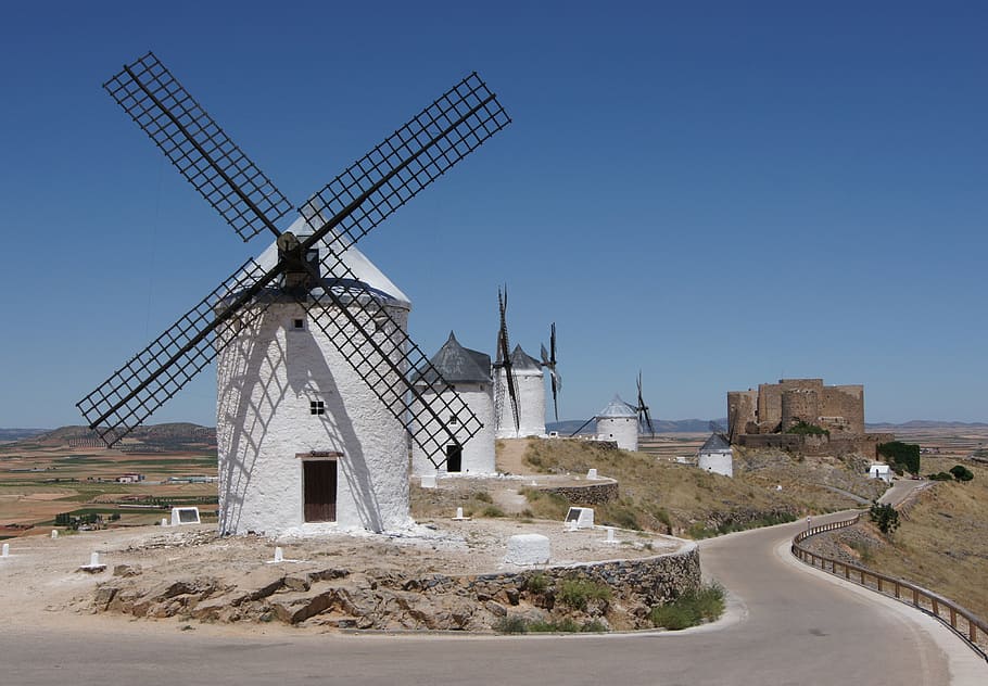 windmill landmark, windmills, windräder, wind power, mills, la mancha, consuegra, spain, don quijote, wind