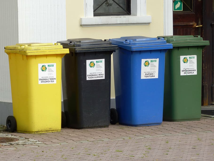 four, assorted, trash bins, containers, garbage, by participating in, ecology, colors, the order of the, trash